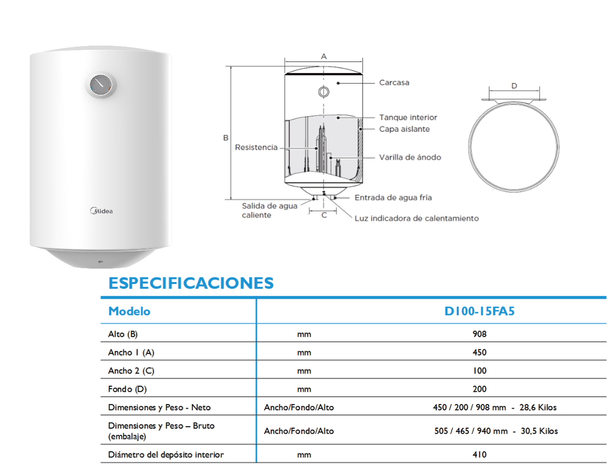 Termo Eléctrico Midea D15-FA5 | 100 Litros