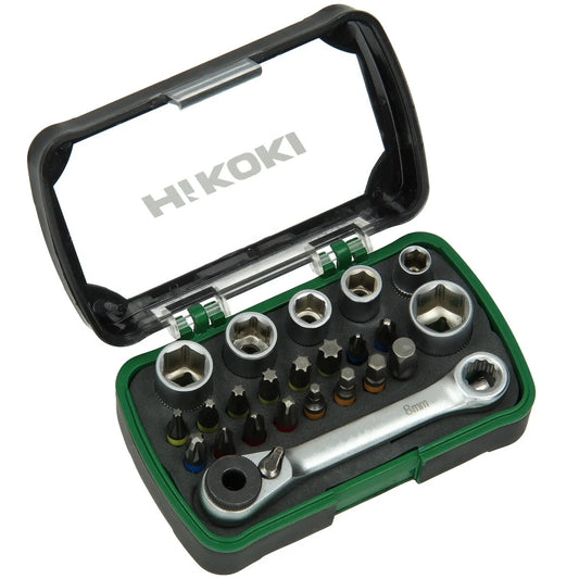 HiKOKI Juego de Puntas y Vasos 1/4" 24 piezas con Llave de Carraca