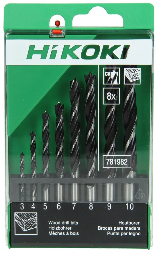 HiKOKI Set de Brocas para Madera 3 Puntas 8 piezas (3-4-5-6-7-8-9-10 mm)