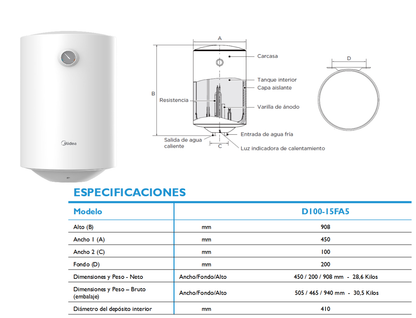 Termo Eléctrico Midea D15-FA5 | 100 Litros