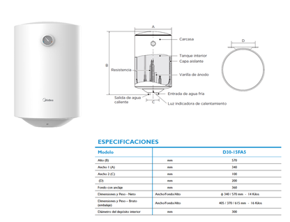 Termo Eléctrico Midea D15-FA5 | 30