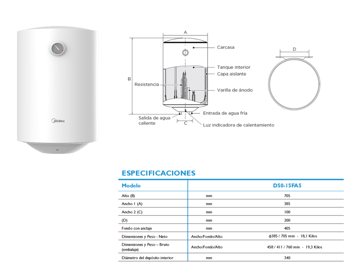 Termo Eléctrico Midea D15-FA5 | 50
