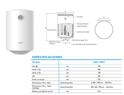 Termo Eléctrico Midea D15-FA5 | 80 